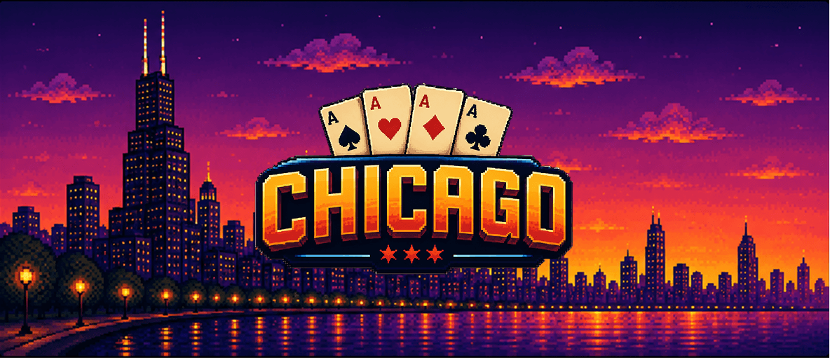 Chicago med fyra ess framför en upplyst stadssilhuett