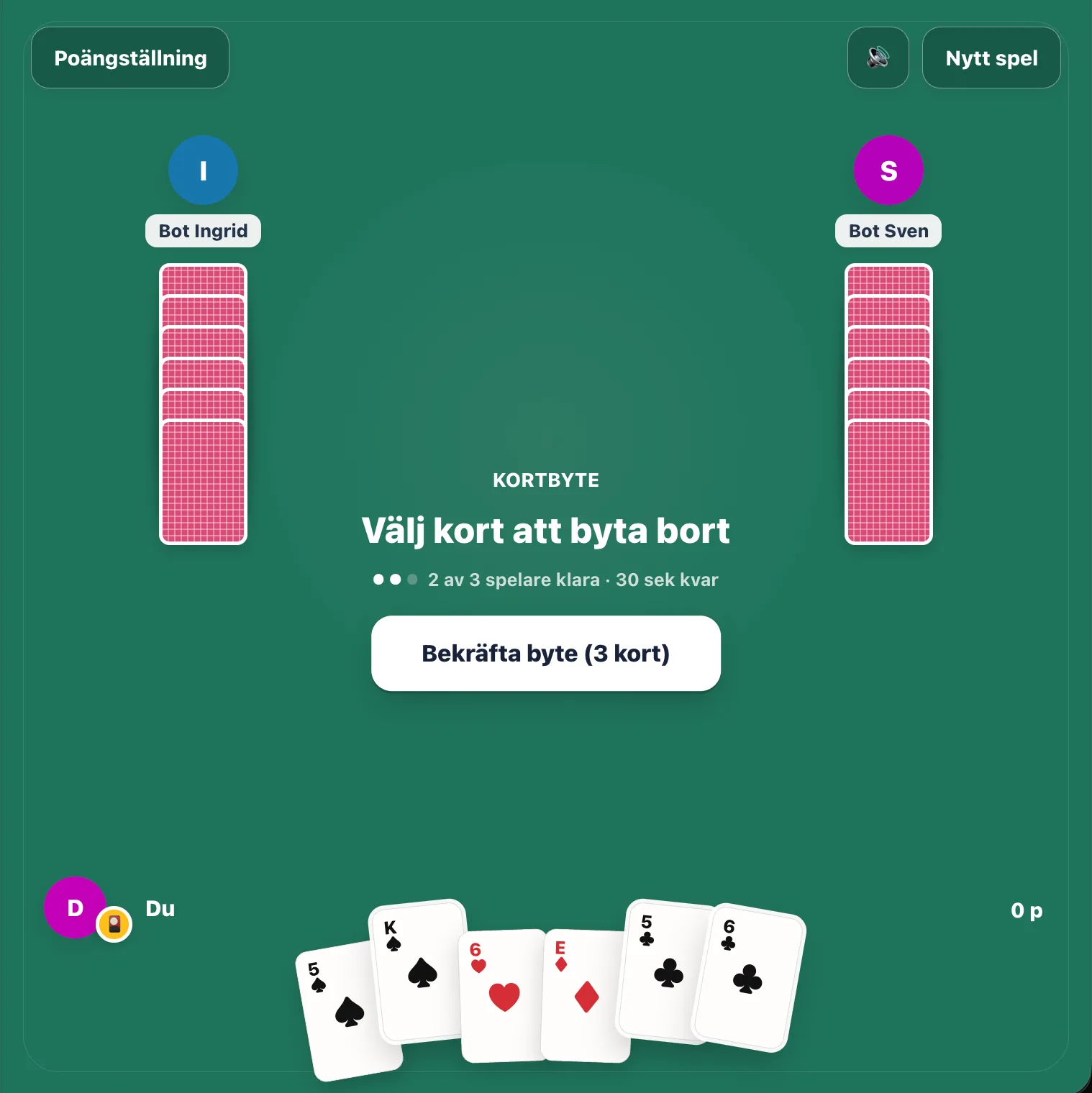 Spelbordet i Sven Olsson med kort, motspelare och poängställning